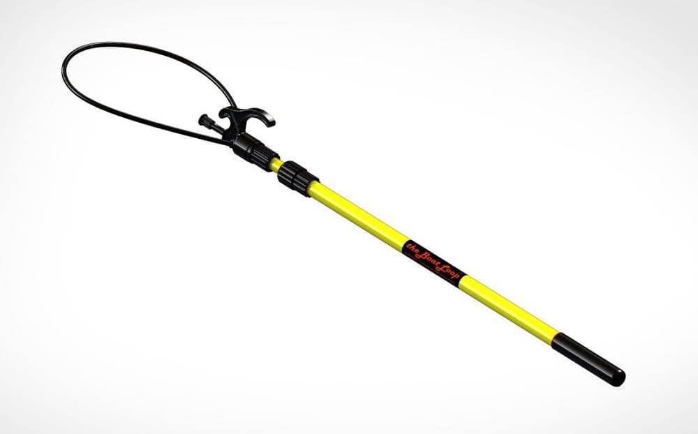 The Boat Loop® telescoping docking pole: a yellow fiberglass pole with a black fixed cable loop, hooks, and push-off stub at the head