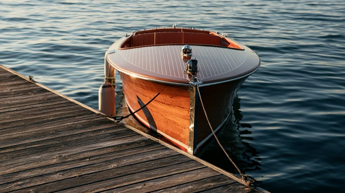 A classic wooden runabout tied alongside a lake dock with a fender out, in evening light
