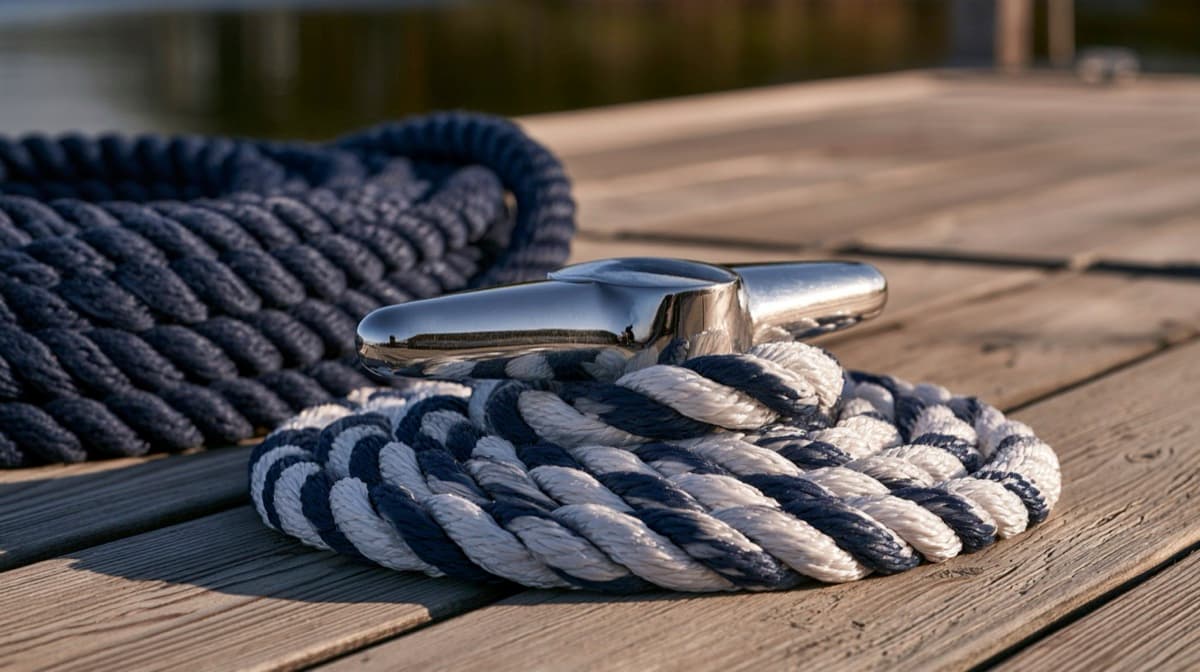 A stainless steel horn cleat on a wooden dock beside a coiled navy and white dock line