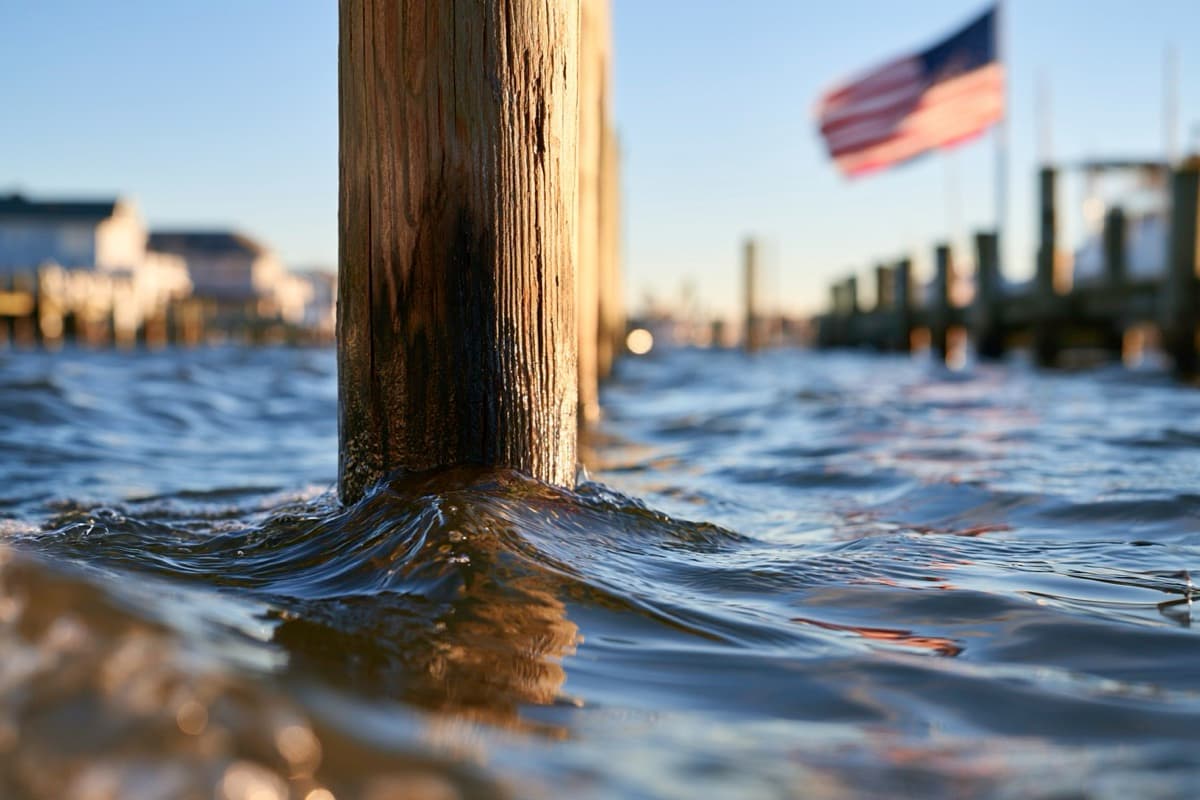 Current swirling around a wooden dock piling, with a flag streaming in the wind behind it