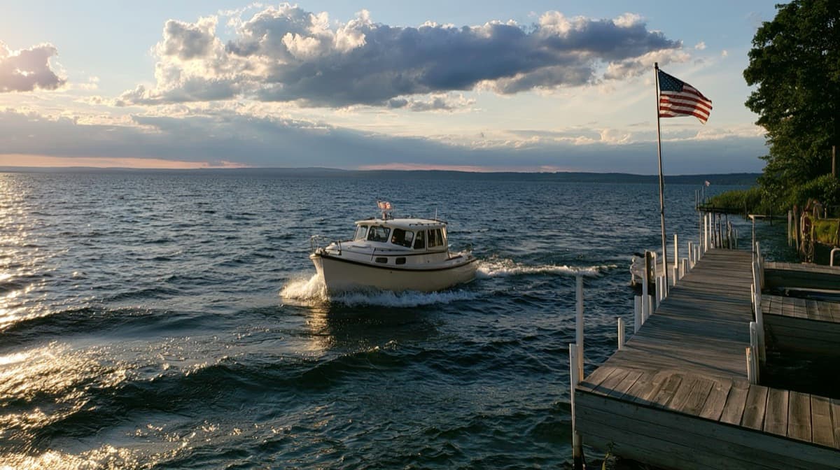 A small cabin cruiser heads across choppy lake water near a wooden dock, with a flag blowing hard in the wind