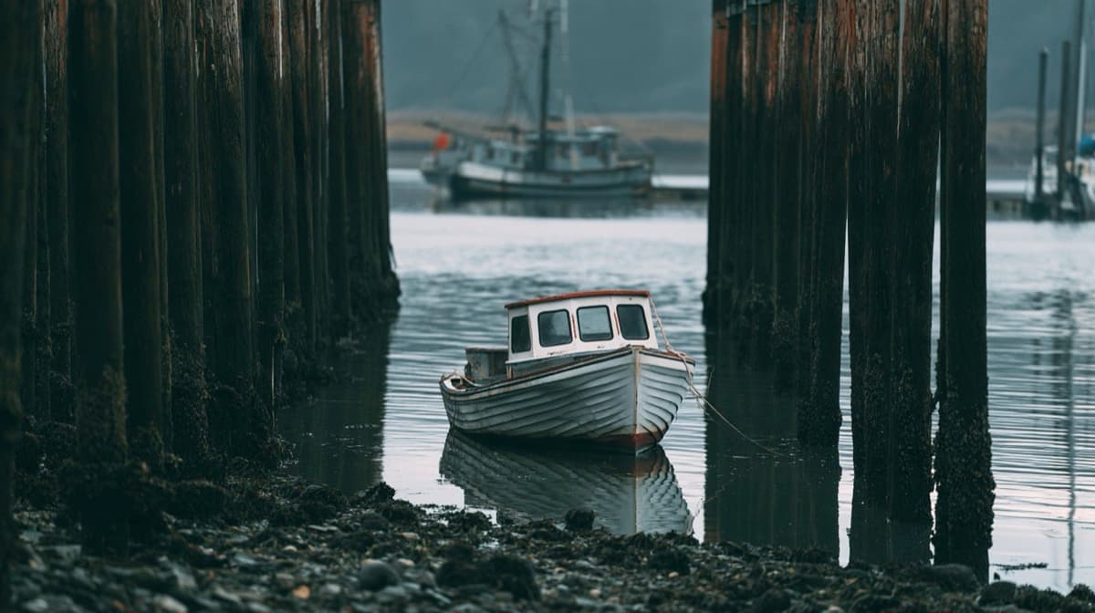 A small boat floating between rows of tall weathered wooden pilings in a tidal harbor at low tide