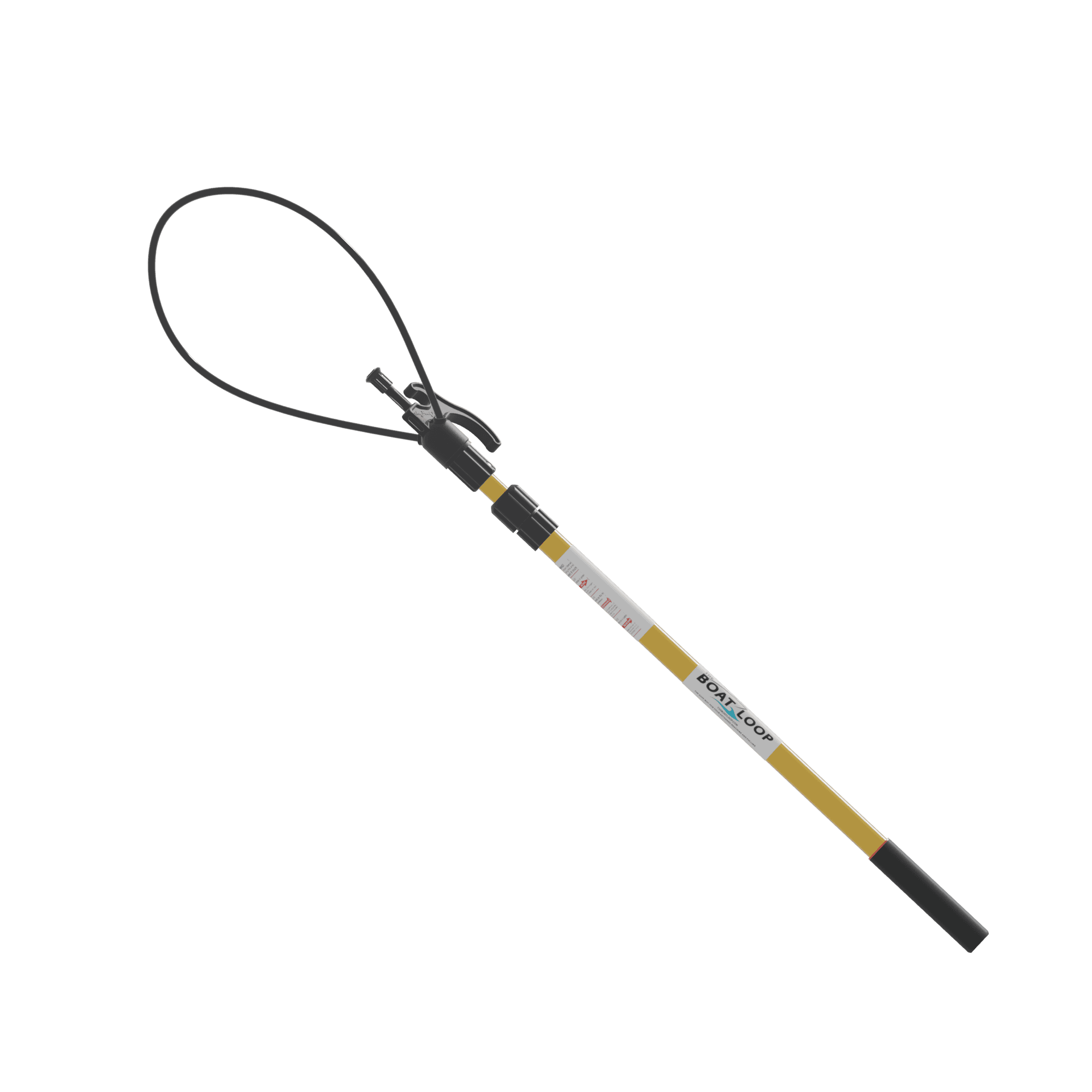 The Boat Loop® — Medium (3–6 ft), showing the flexible loop, large and small hooks, push-off stub, dual locking collar, and fiberglass pole